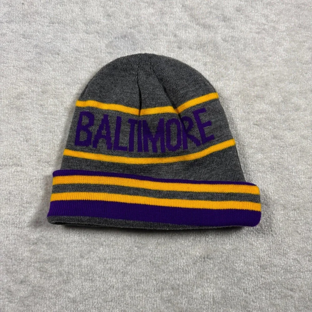 Baltimore Beanie Hat Grey Purple Gold Striped Cuffed Knit Winter Cap Unisex